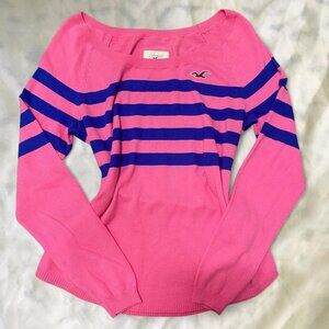 Y2K Hollister Striped Crewneck Off Shoulder Sweater Pink & Navy Knit Long Sleeve